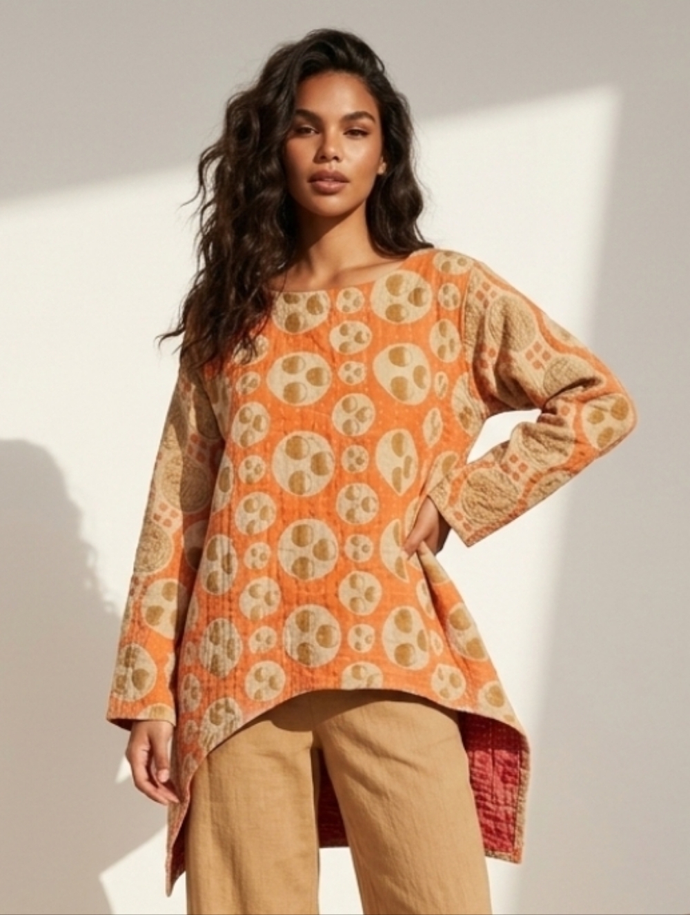 Kantha Bae Quilted Reversable Boho Chic Orange and Tan Women's Tunic One Size